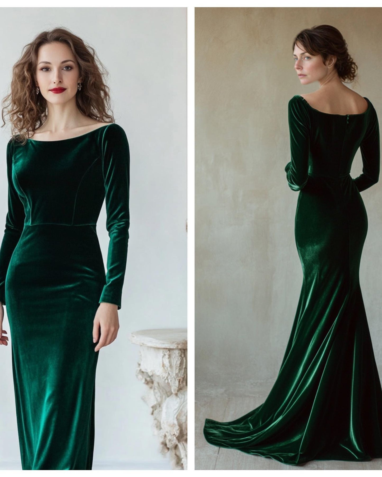 Custom Green Velvet Evening Gown, Personalized Boat Neck Dress, Tailored Long Sleeve Formal Gown | 241028B