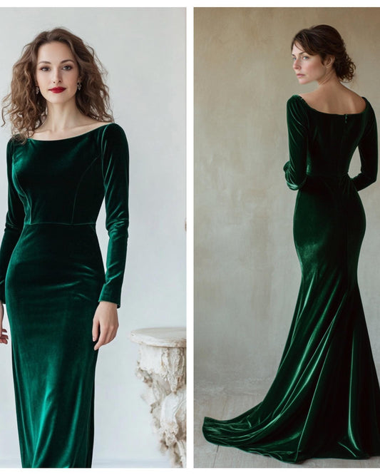 Custom Green Velvet Evening Gown, Personalized Boat Neck Dress, Tailored Long Sleeve Formal Gown | 241028B