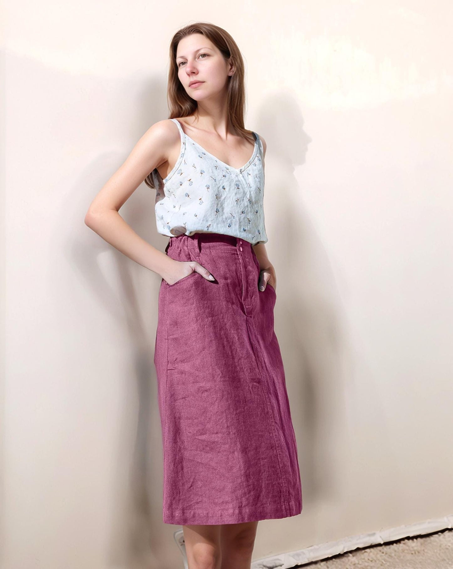 High-Waisted Linen Midi Skirt with Front Zipper and Pockets - Vintage-Inspired A-Line Skirt for Everyday Wear | SKU.25T22T3K