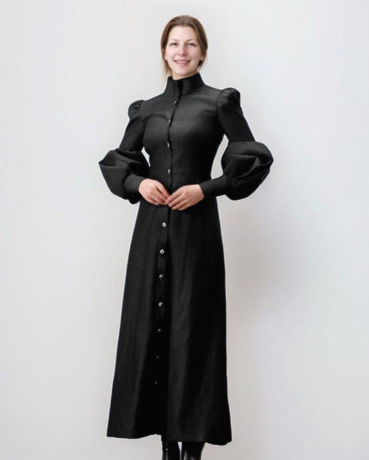 Elegant Black High Collar Maxi Dress with Puff Sleeves, Full Button Down, Elastic Linen — Custom Made | SKU.25T15T4B