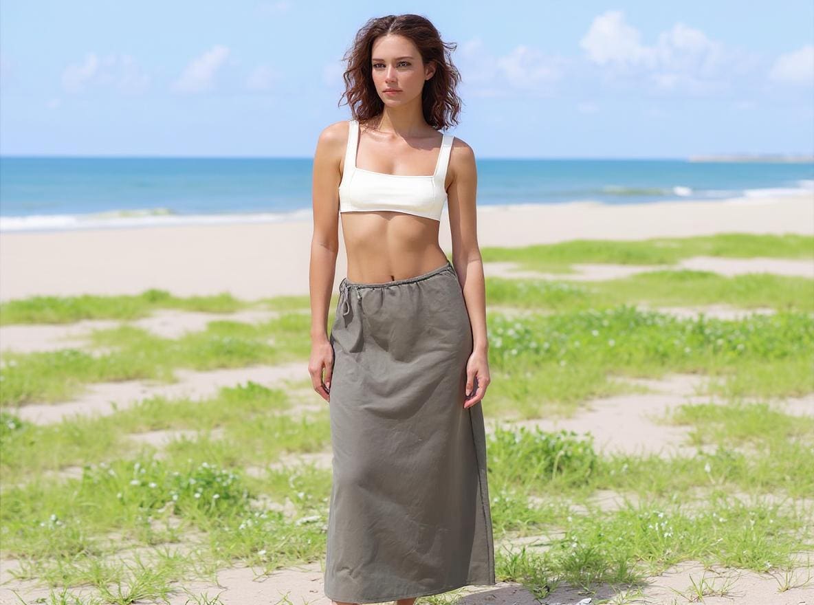 Linen Midi Skirt with Drawstring Waist - Minimalist Summer Skirt, Casual Loose Fit, Beach Style | SKU.25T15T5B