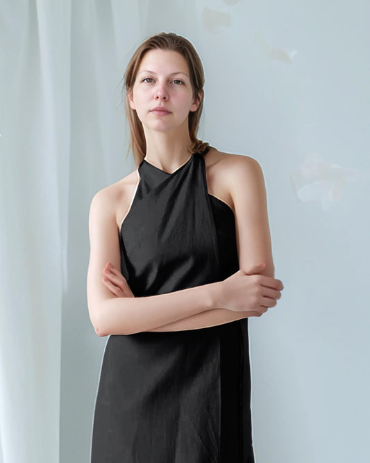 Black Halter Neck Wrap Dress – Sleeveless Open Back Midi Dress for Women | SKU.25T11T3D