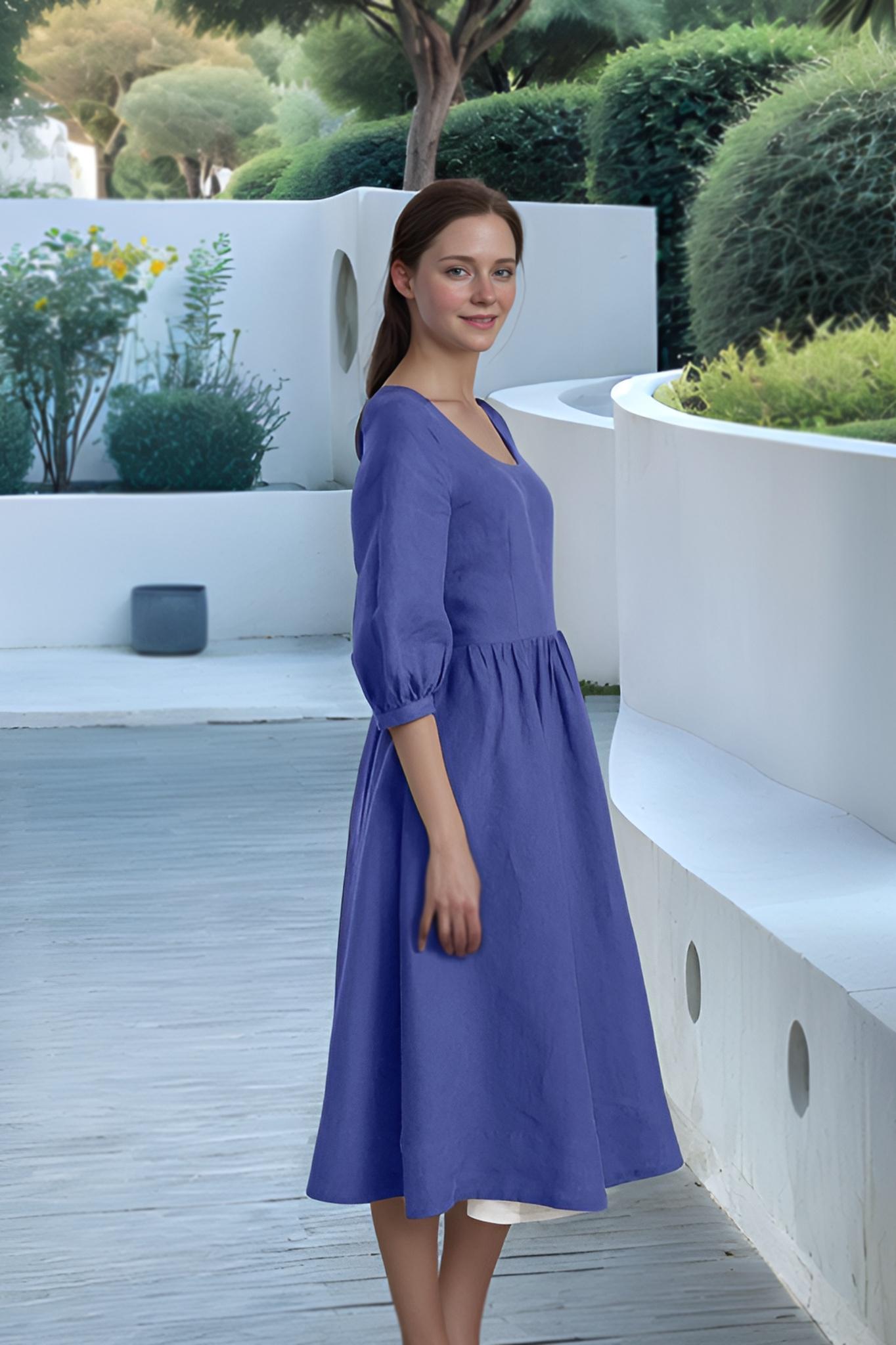 Cobalt Blue Linen Midi Dress – Puff Sleeve Boho Dress with Scoop Neck for Women | SKU.25T10T2D