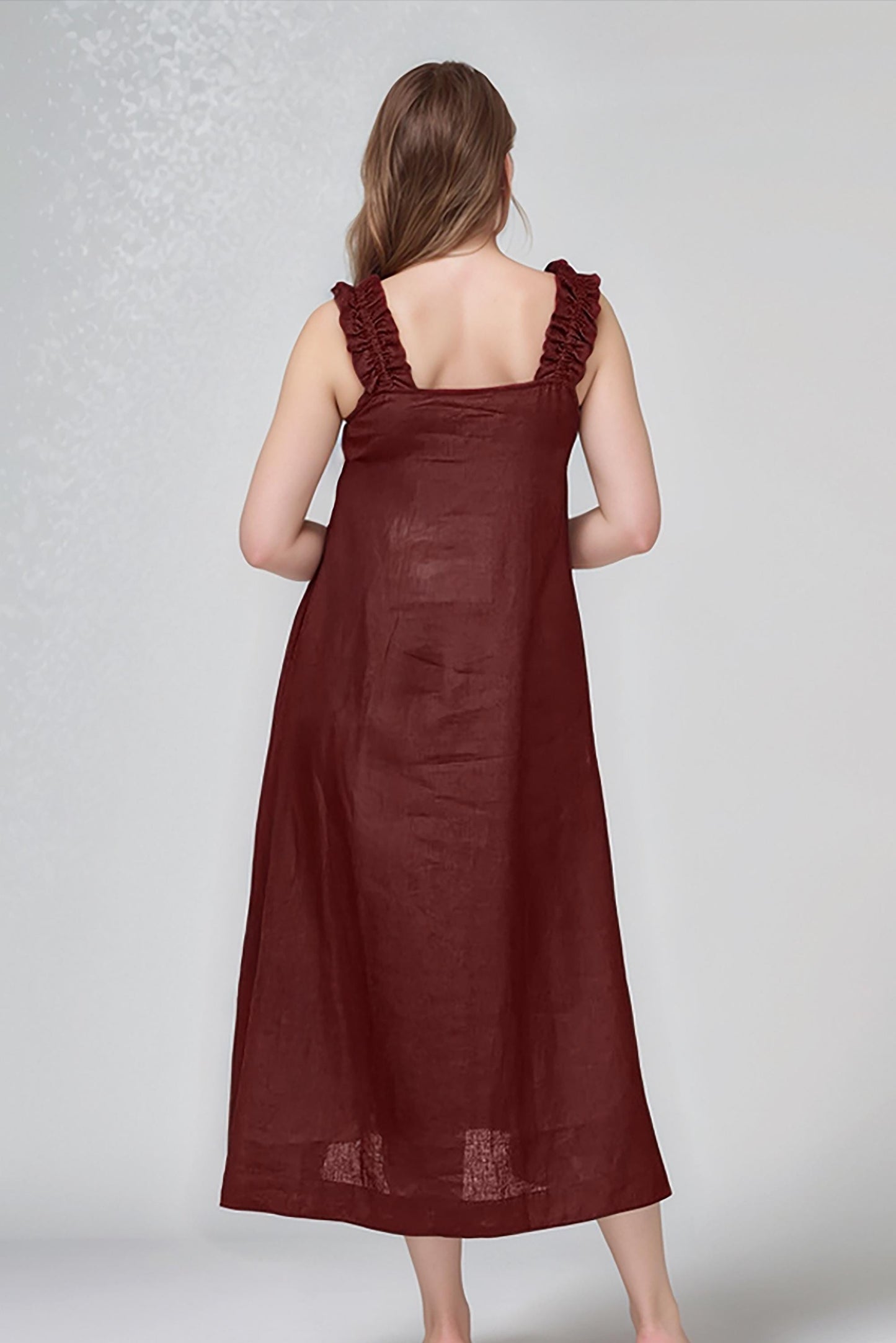 Linen Maxi Dress with Ruffle Straps, Summer Sleeveless Sundress, Loose Fit, Women's Casual Boho Style | SKU.25T15T3B