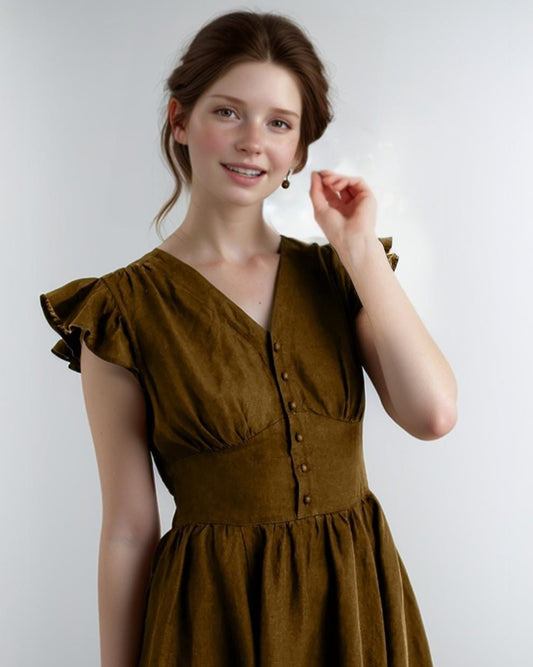 Vintage-Inspired Linen Midi Dress – Elegant Ruffled Cap Sleeve Dress with Button-Front | SKU.25T11T5H
