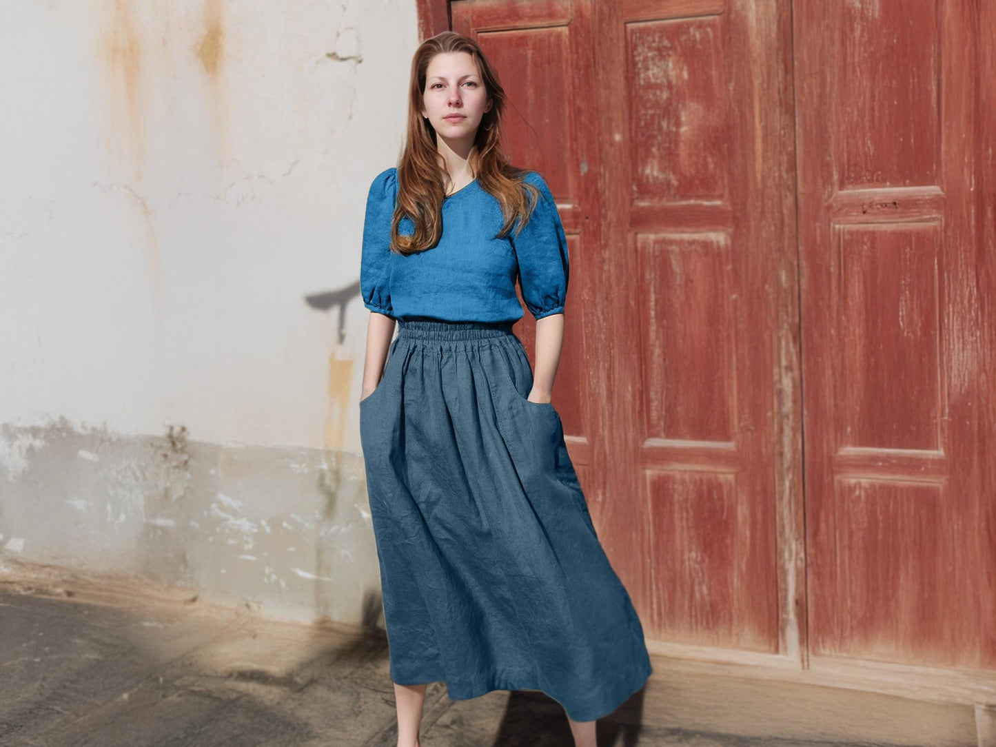 Linen Puff Sleeve Top, High Neck Blouse, Elegant A-line Fit, Button Back Detail, Summer Minimalist Shirt | SKU.25T22T3E