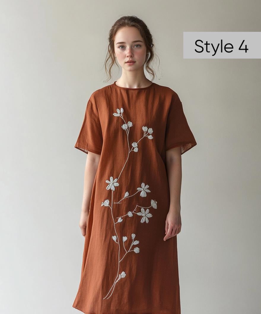 Customizable Floral Embroidered Flared Linen Dress, Loose Fit, Elegant Boho Style, Detailed Hand Embroidery | SKU.250702A