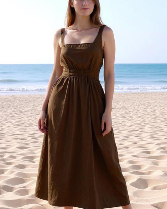 Brown Linen Midi Dress with Pockets - Square Neck Summer Dress, Sleeveless Casual Beach Dress, Elastic Waist Sundress | SKU.25T15T5E
