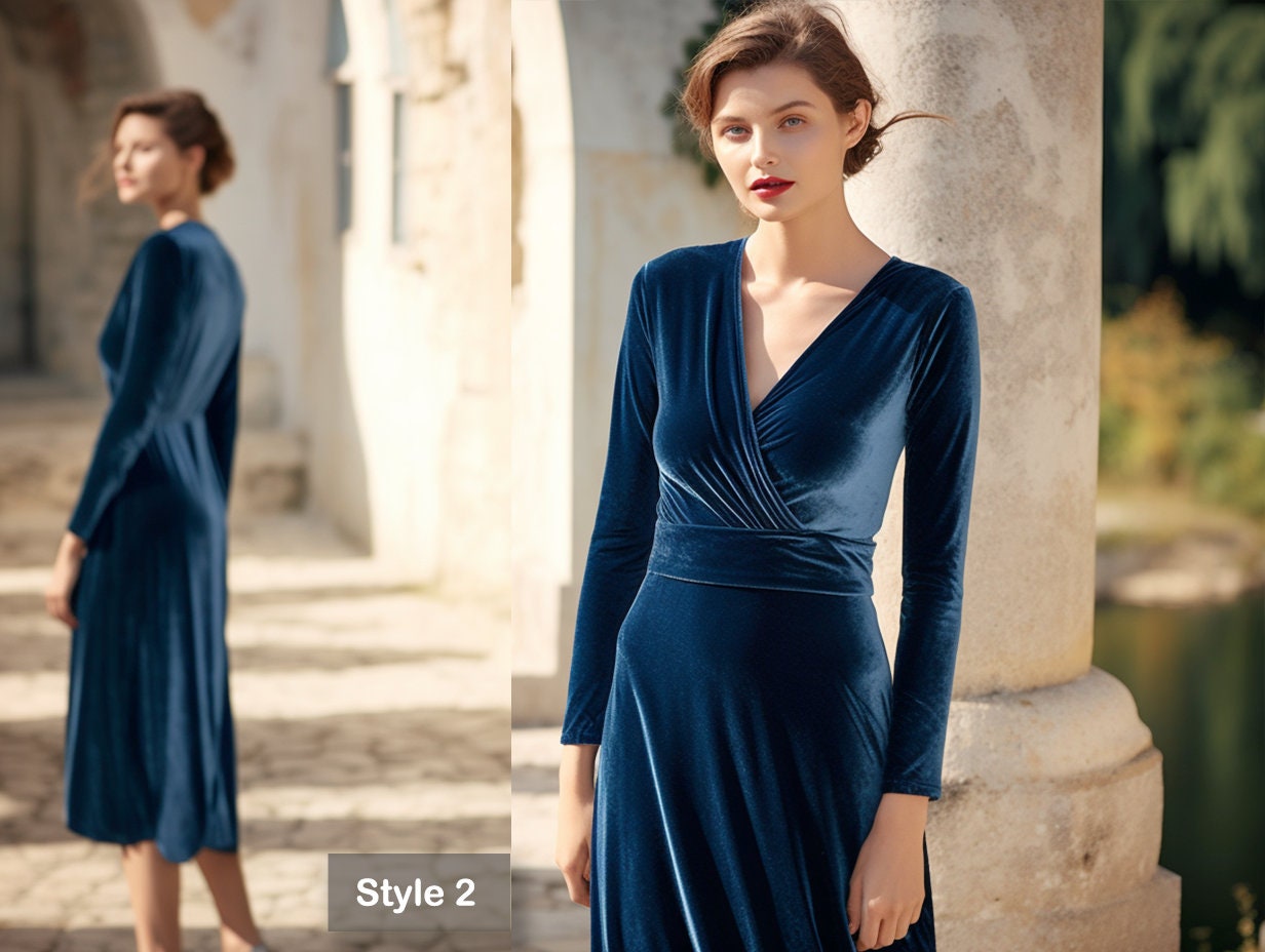 Versatile Velvet Midi Dress | Bridesmaid Dress | Long Sleeves, Self-Tie Belt | Spring & Fall | Custom Handmade | Plus Size Gowns