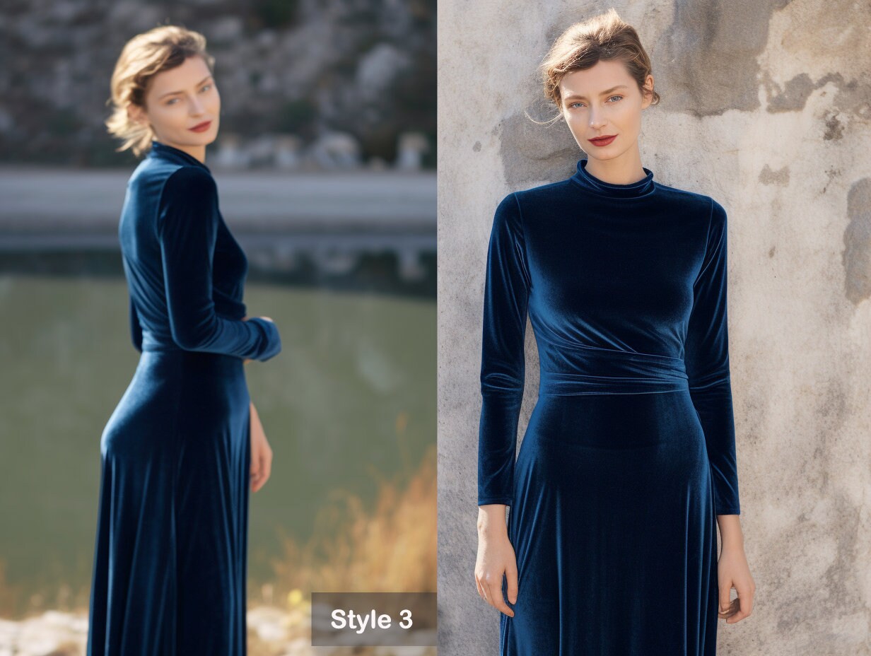 Stylish Velvet Midi Dress | Long Sleeves, Turtleneck | Self-Tie Belt | Spring & Fall Fashion | Custom Handmade | Plus Size Gowns