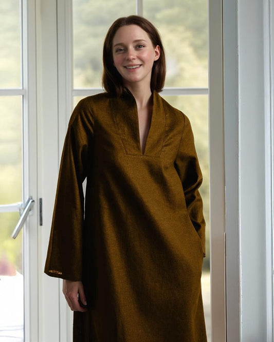 Minimalist Brown Linen Kaftan Dress, Long Sleeve Natural Fiber Maxi Dress | SKU.25T11T2E