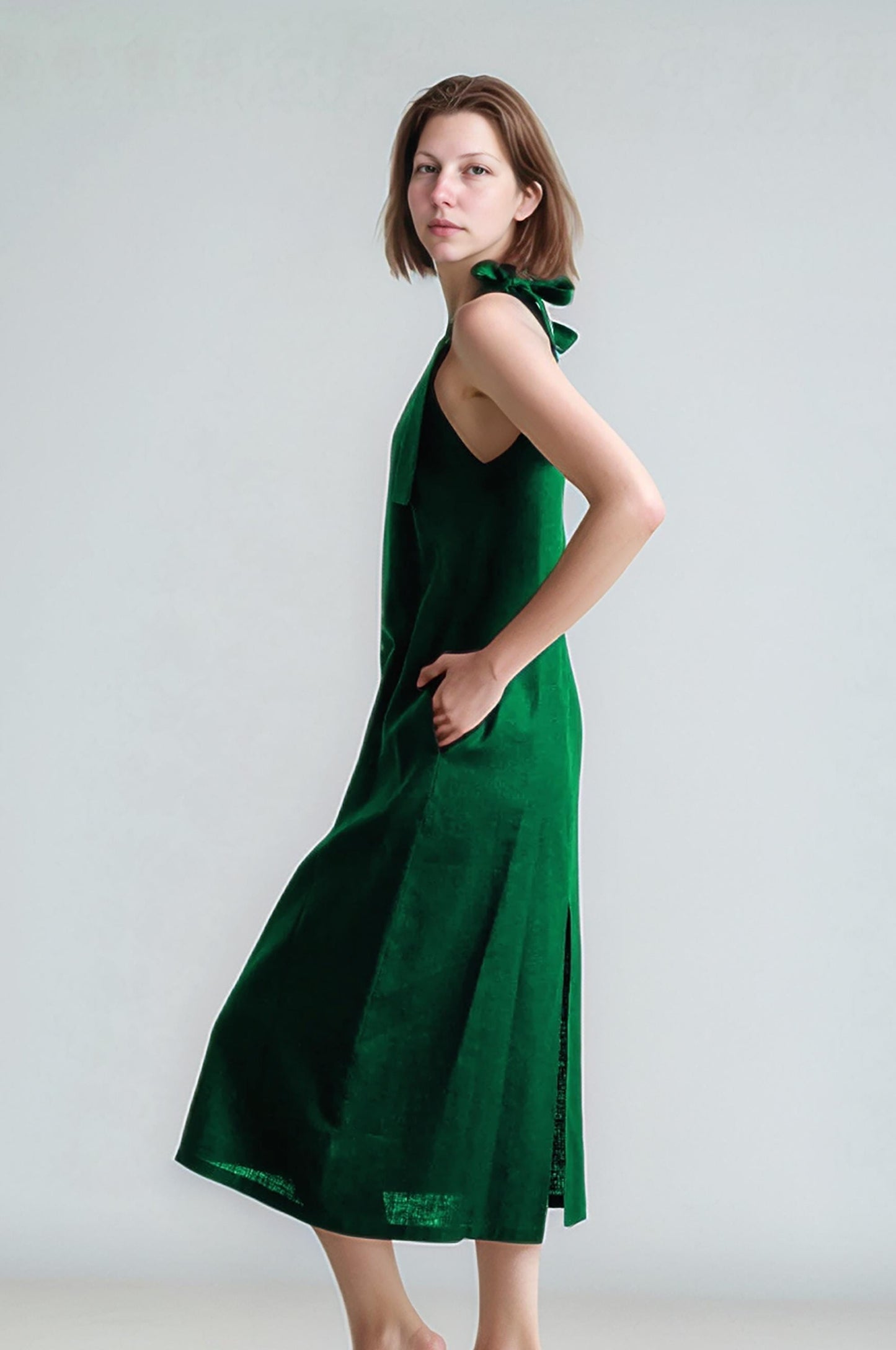 Emerald Green Linen Midi Dress | Sleeveless Bow Strap Dress for Women | Loose Fit Summer Sundress | SKU.25T11T3C