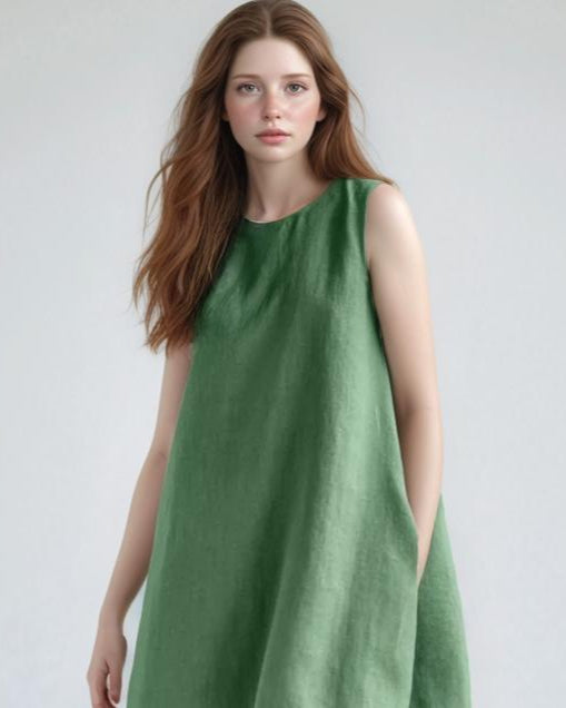Asymmetrical Green Linen Dress, Sleeveless High-Low Hem, Summer Shift Dress, Casual Loose Fit, Minimalist Linen Dress | SKU.25T14T7E