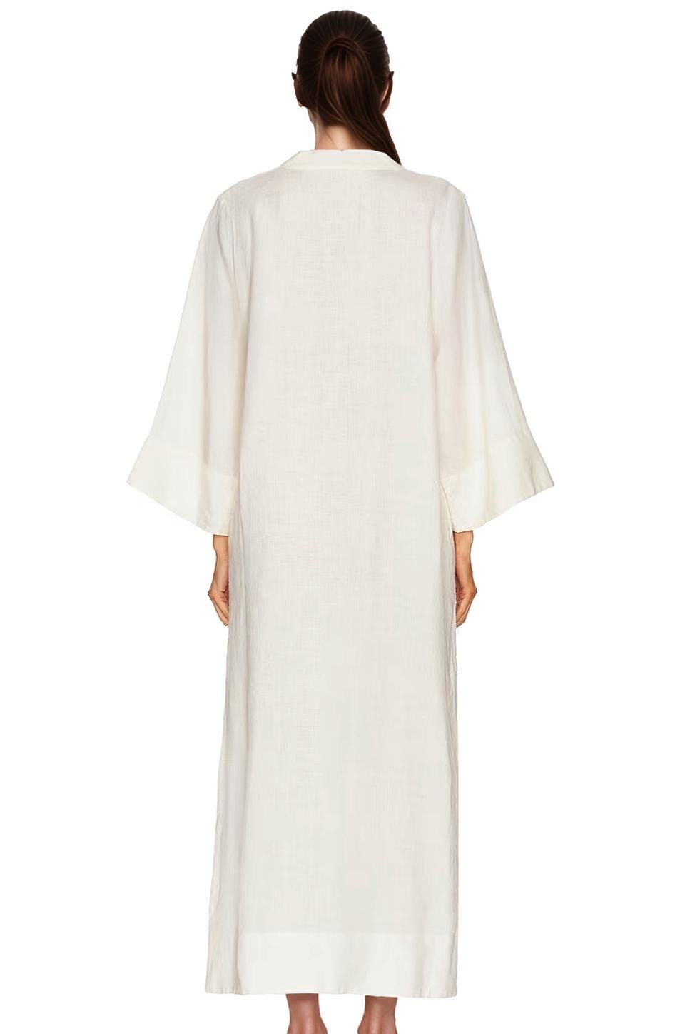 Linen Kaftan Maxi Dress with Side Slits - V-Neck Loose Fit Long Sleeve Beach Dress, Minimalist Summer Resort Cover Up | SKU.25T22T4E