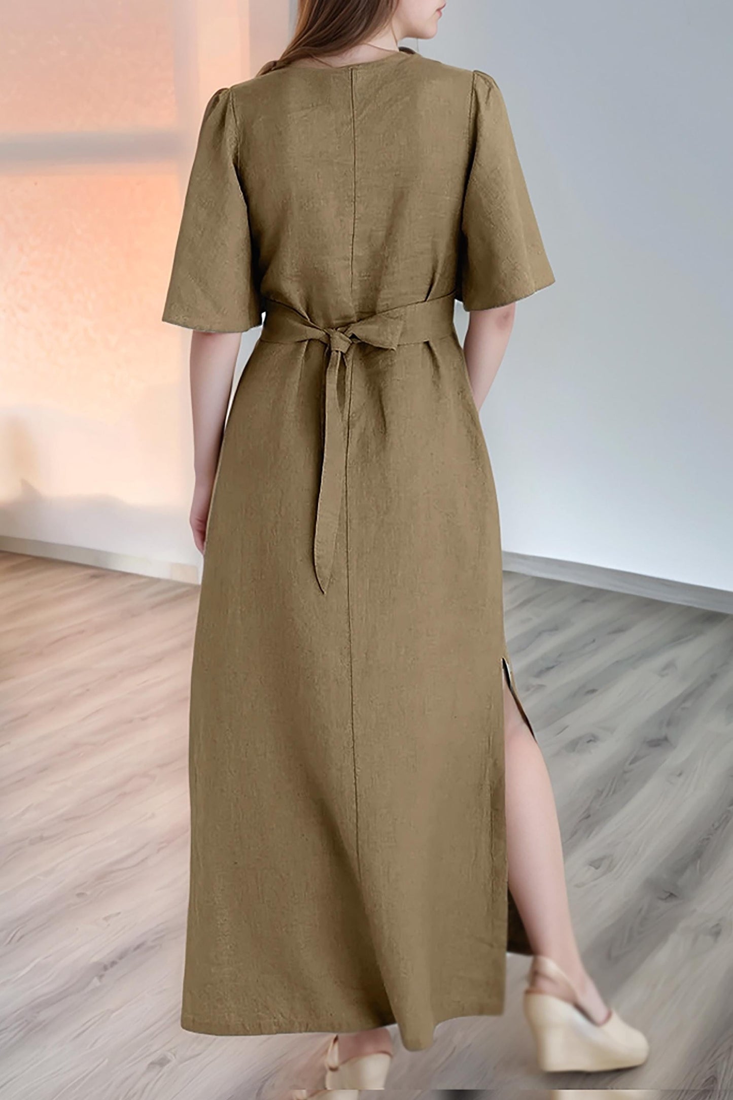 Olive Linen Wrap Maxi Dress, Flutter Sleeve Summer Dress, Handmade Boho Casual Long Dress with Belt | SKU.25T14T7B