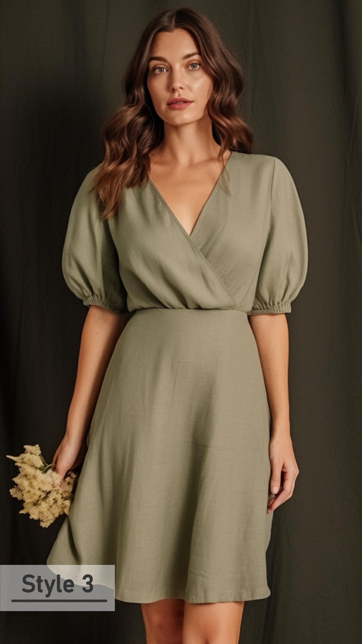 Olive Green Linen Dress with Puffed Sleeves & Waist Belt  - Women's Fashion | Customizable | 241016.U5
