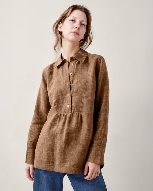 Linen Tunic Shirt for Women - Long Sleeve Blouse with Half Button Front, Collared Top with Seam Detail | SKU.25T22T3Y