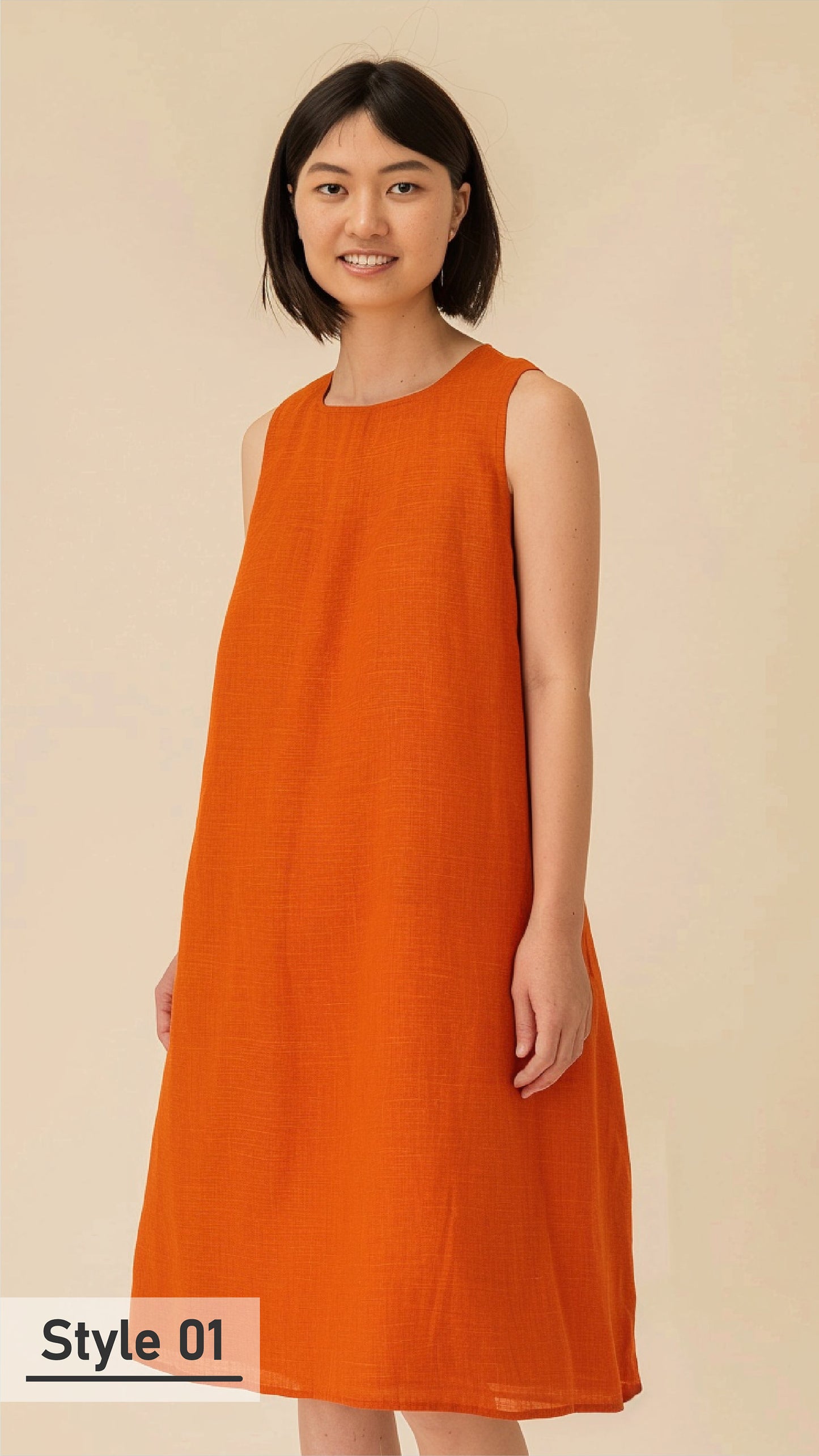 Customizable Chic Burnt Orange Linen Dress - Sleeveless, Loose Fit, Ideal for Personalized Summer Comfort and Style | SKU.012