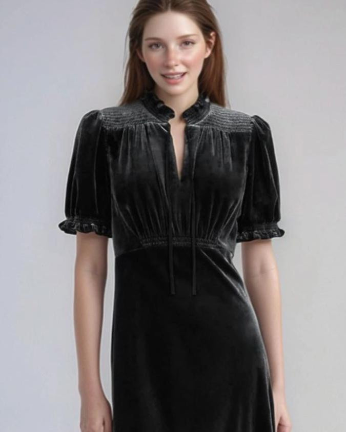 Black Velvet Midi Dress – Bias Cut Vintage-Inspired Dress with Puff Sleeves and Tie Neck | SKU.24T17T5F