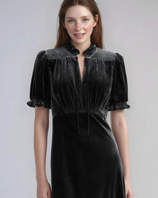 Black Velvet Midi Dress – Bias Cut Vintage-Inspired Dress with Puff Sleeves and Tie Neck | SKU.24T17T5F