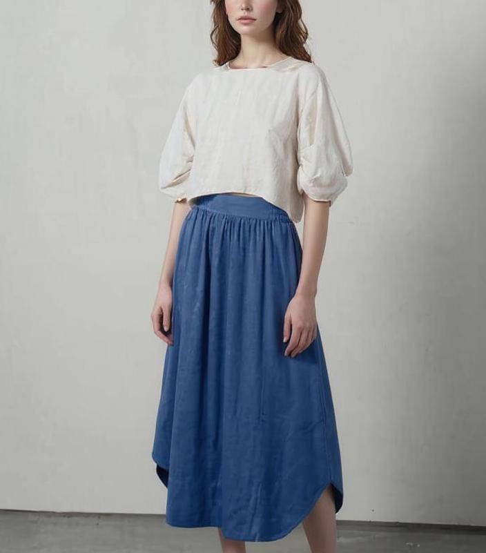 Blue Linen Midi Skirt - High Waist Elastic Waistband, Flowy A-Line Summer Skirt, Handmade Casual Skirt | SKU.25T15T5G
