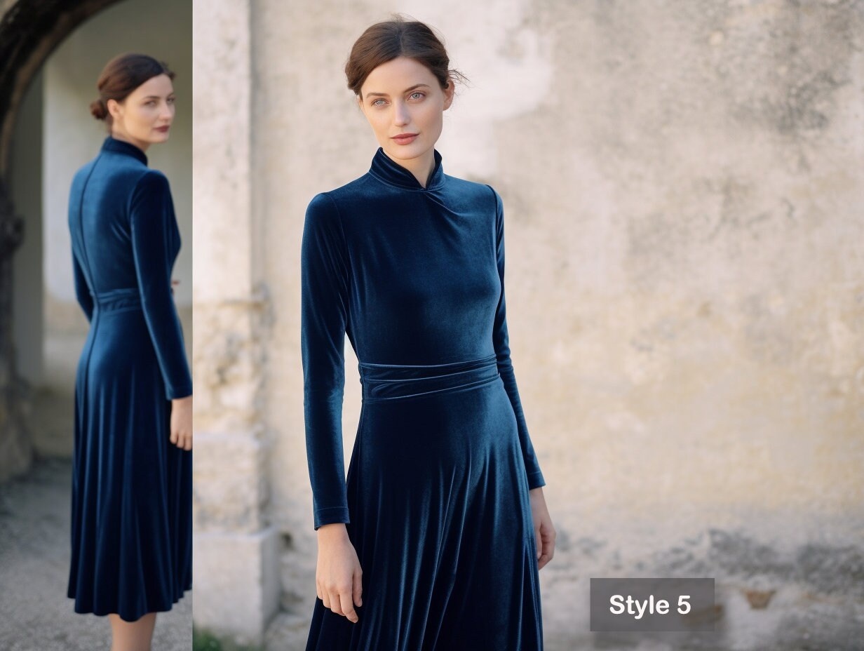Stylish Velvet Midi Dress | Long Sleeves, Turtleneck | Self-Tie Belt | Spring & Fall Fashion | Custom Handmade | Plus Size Gowns