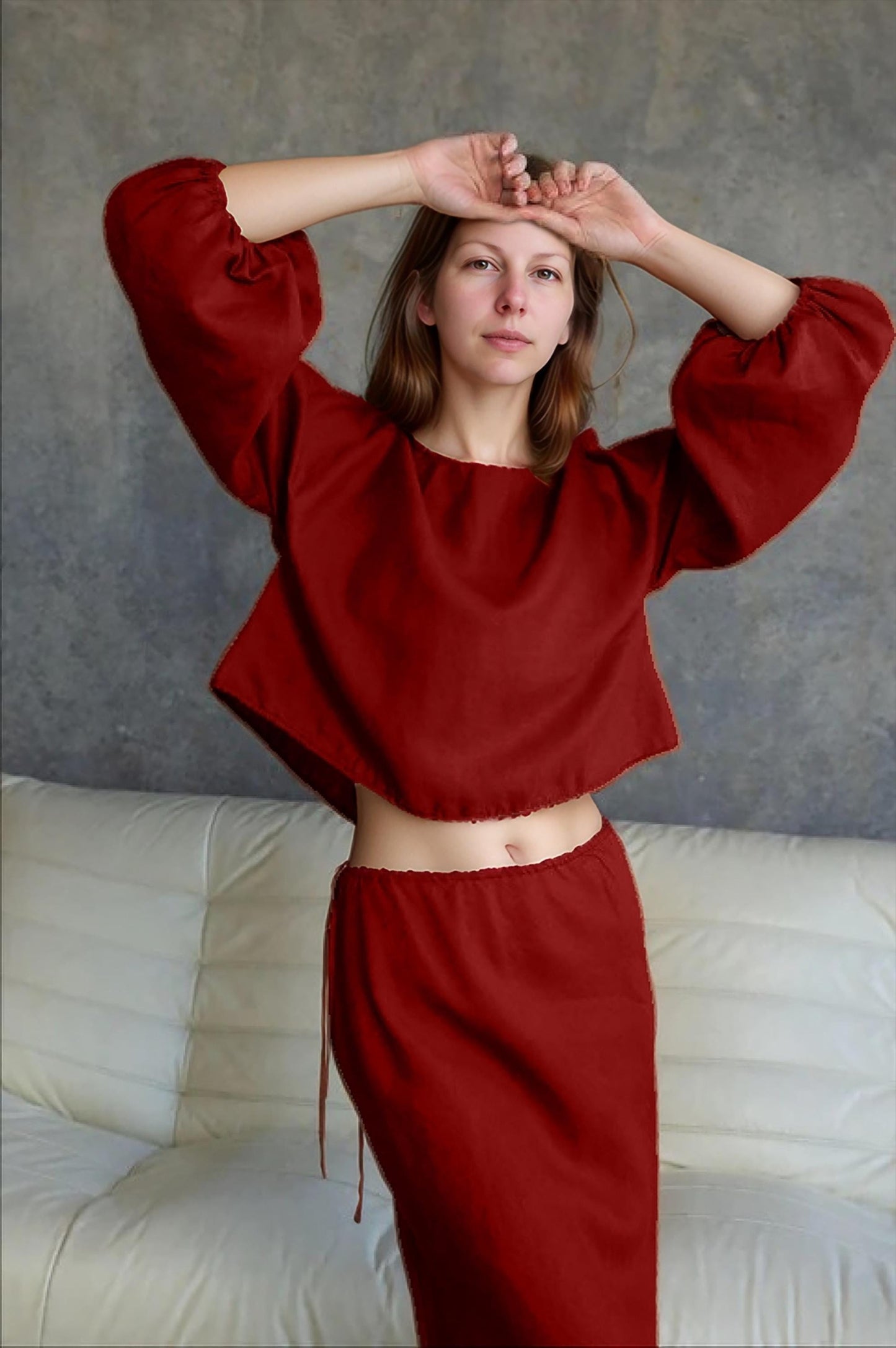 Elegant Red Linen Two-Piece Dress Set – Long Sleeve Crop Top & High Waist Midi Skirt, Minimalist Outfit for Women | SKU.25T15T5A
