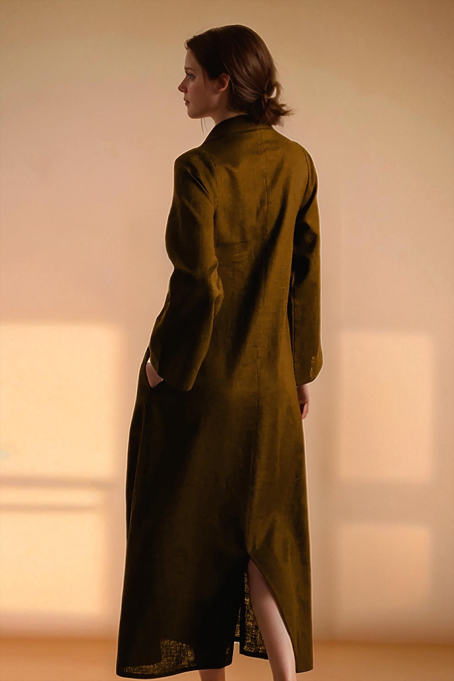 Minimalist Brown Linen Kaftan Dress, Long Sleeve Natural Fiber Maxi Dress | SKU.25T11T2E