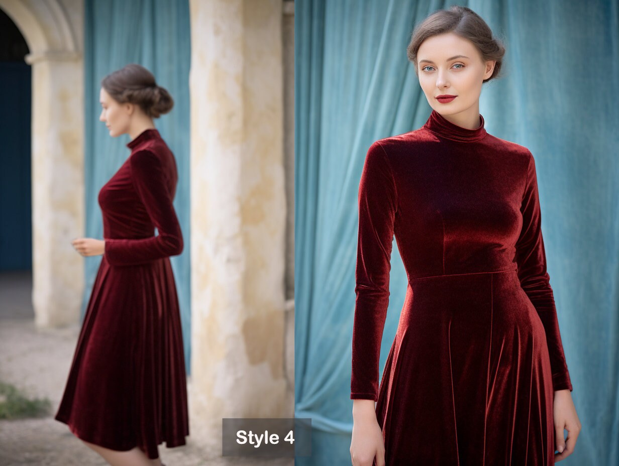 Stylish Velvet Midi Dress | Long Sleeves, Turtleneck | Self-Tie Belt | Spring & Fall Fashion | Custom Handmade | Plus Size Gowns
