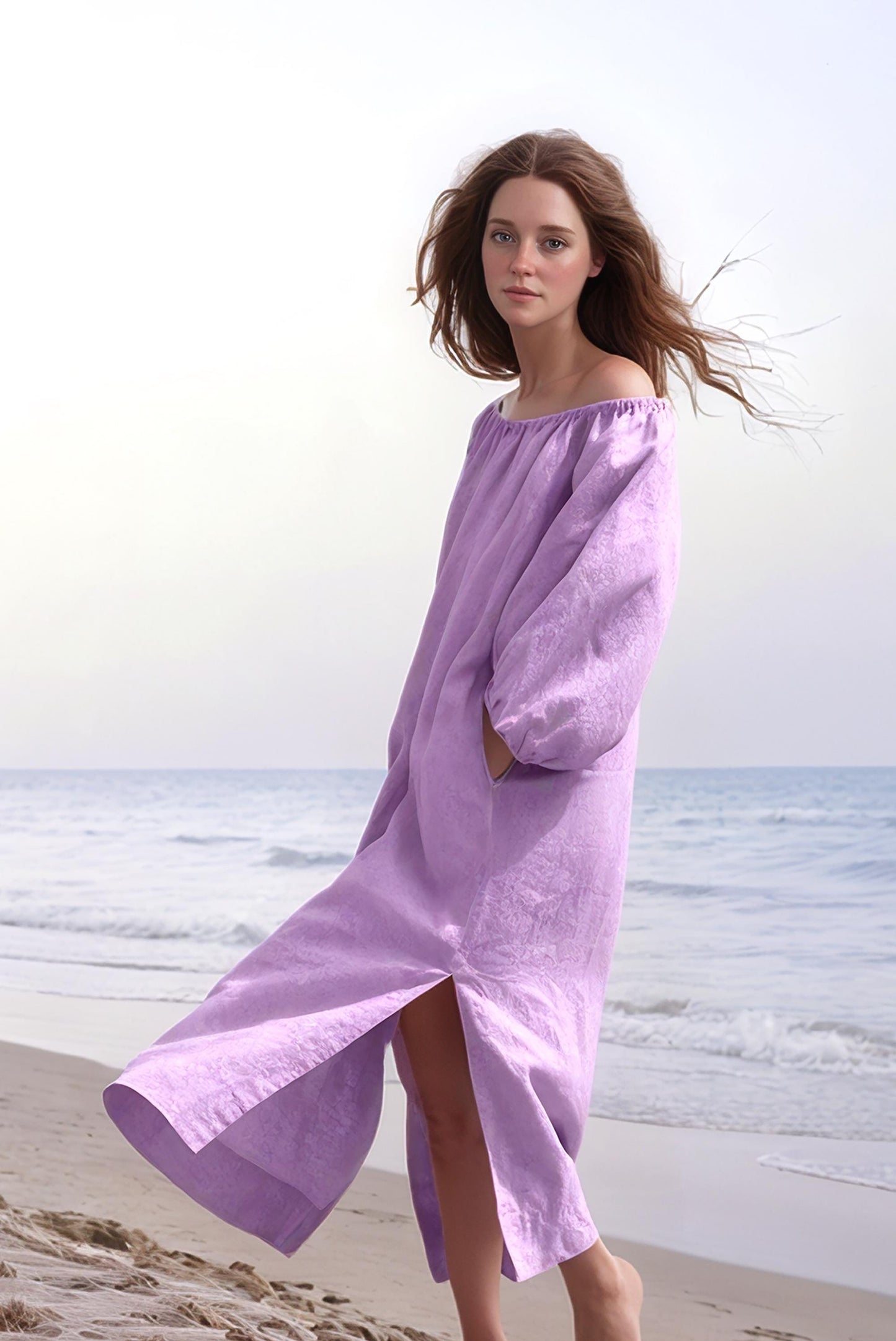 Lilac Off-Shoulder Linen Dress with Belt, Long Sleeve Boho Maxi Dress, Summer Beach Casual Dress, Women's Flowy Dress | SKU.25T15T3F