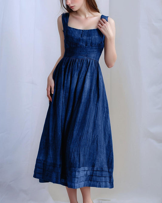 Linen Midi Dress, Square Neckline, Cross-Back Tie, Vintage Summer Boho Style, Custom Size Option | SKU.25T14T6K