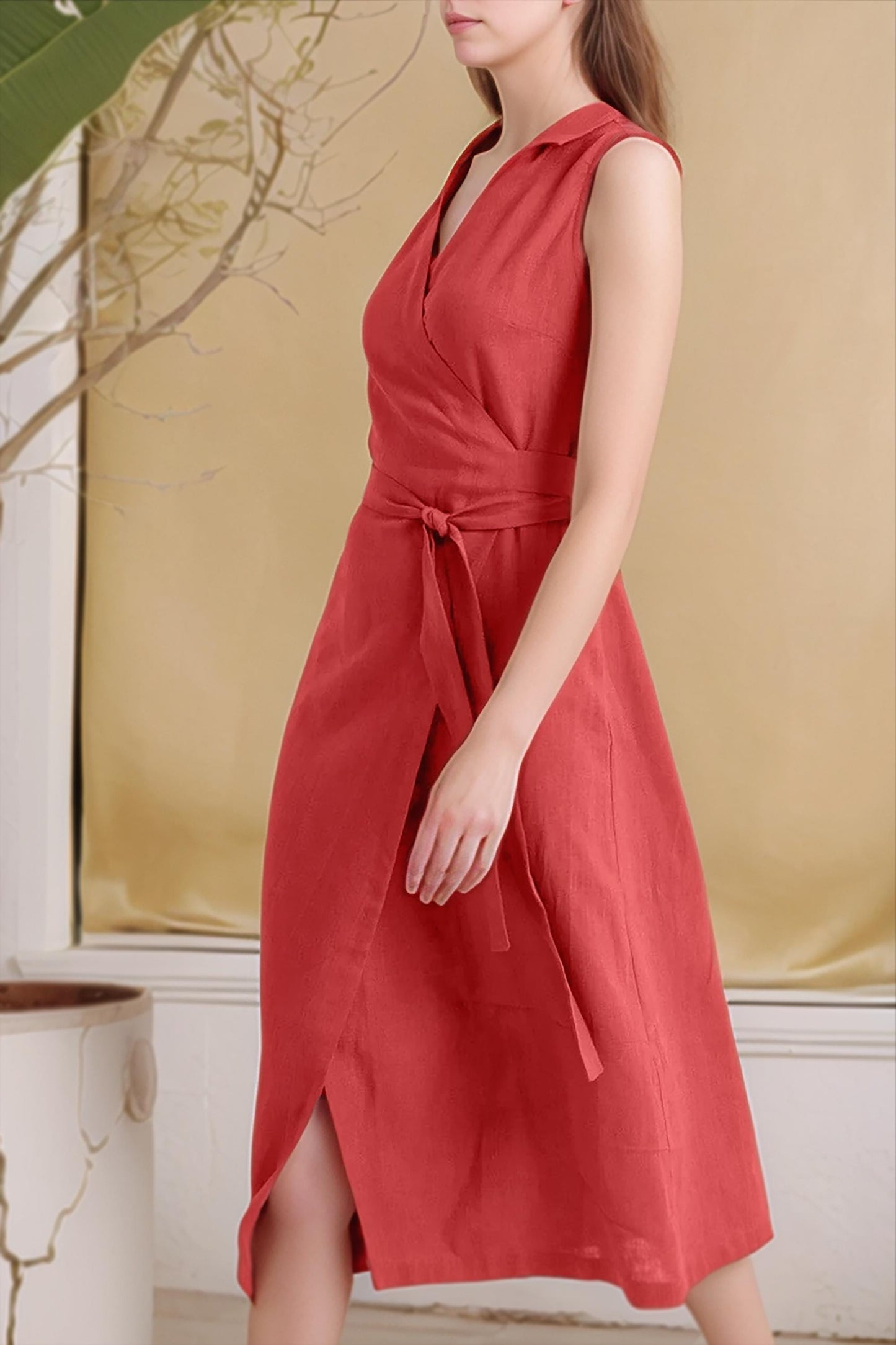 Red Linen Wrap Dress – Sleeveless Summer Midi Dress with Tie Waist | SKU.25T11T3B