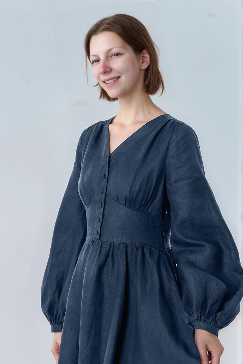 Vintage-Inspired Linen Midi Dress – Elegant Puff Sleeve Dress with Waist Tie | SKU.25T11T5B