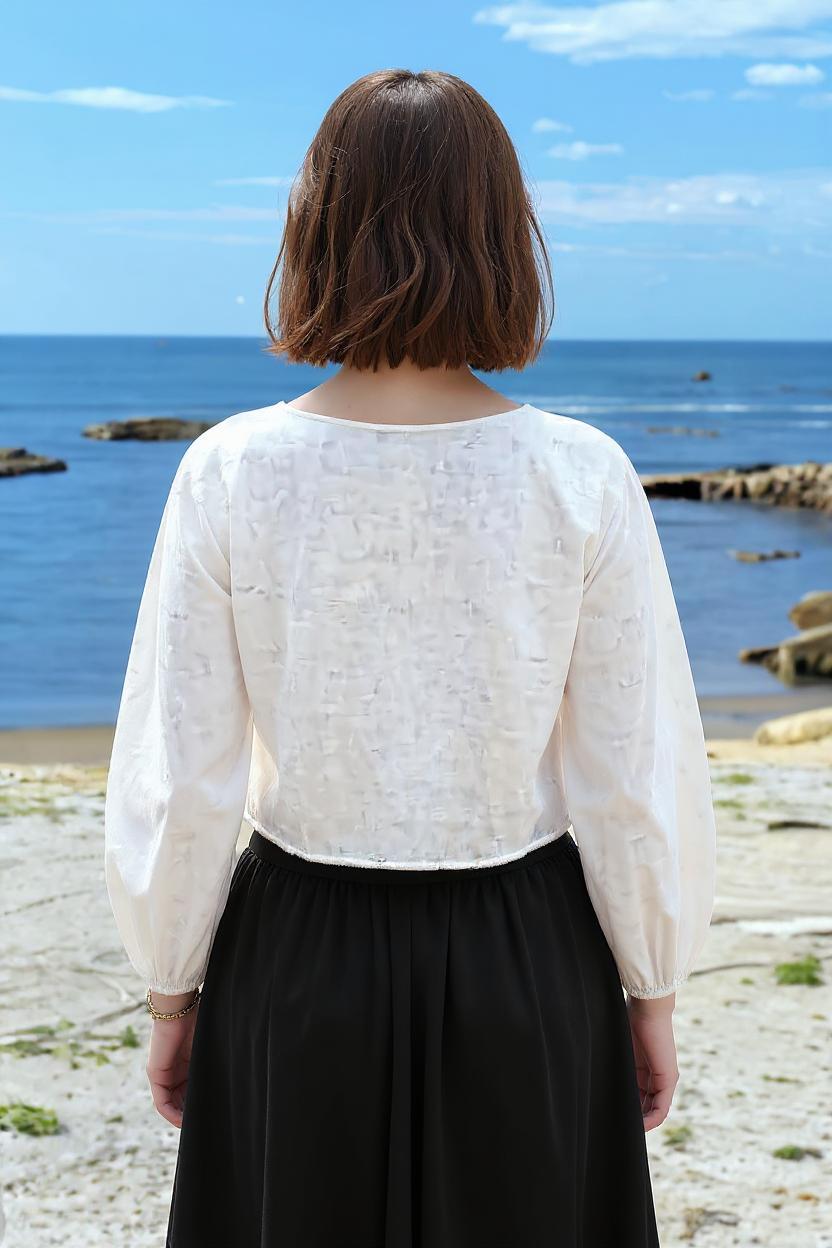 White Linen Blouse for Women - Long Puff Sleeve, Cropped Relaxed Fit, Boho Coastal Top, Handmade Summer Shirt | SKU.25T15T5C
