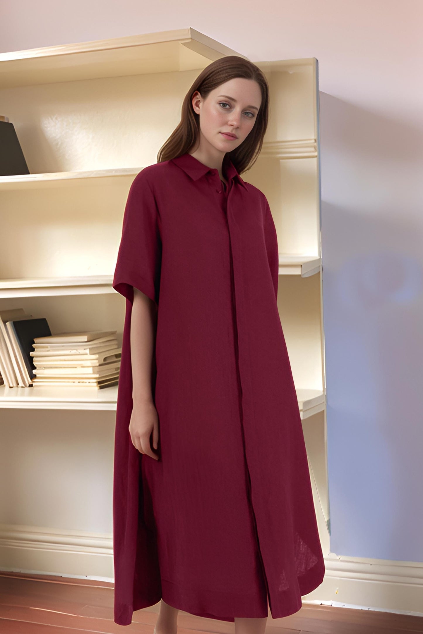 Loose Fit Linen Shirt Dress - Burgundy Midi Dress with Pockets | SKU.25T09T7F