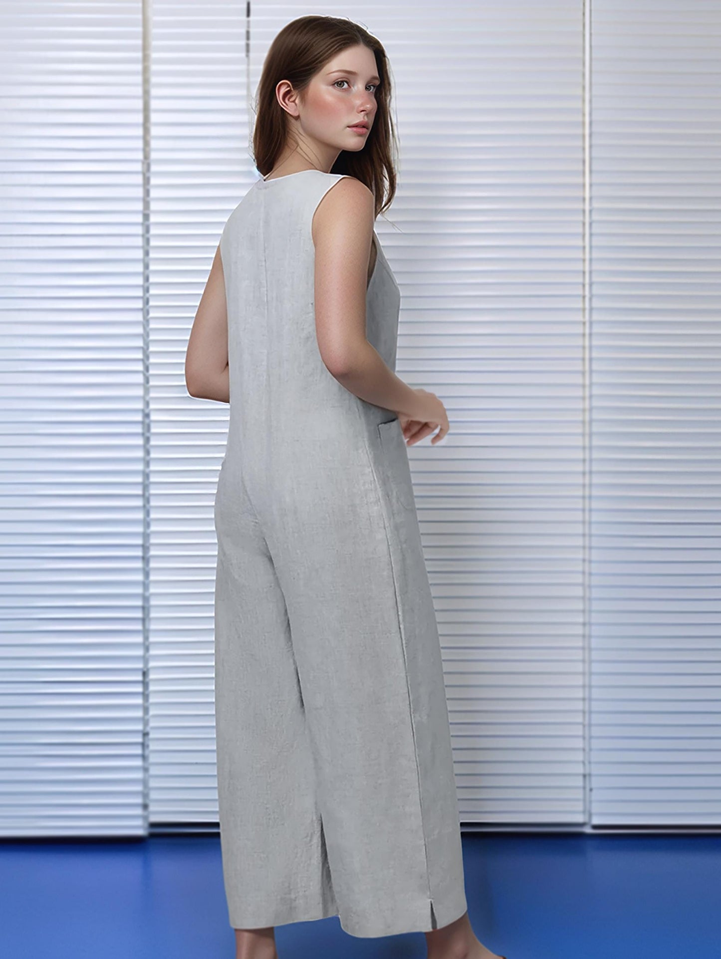 Linen Wide-Leg Jumpsuit | Women’s Sleeveless Button-Down Romper | Casual Loose-Fit Overalls | SKU.25T11T7F
