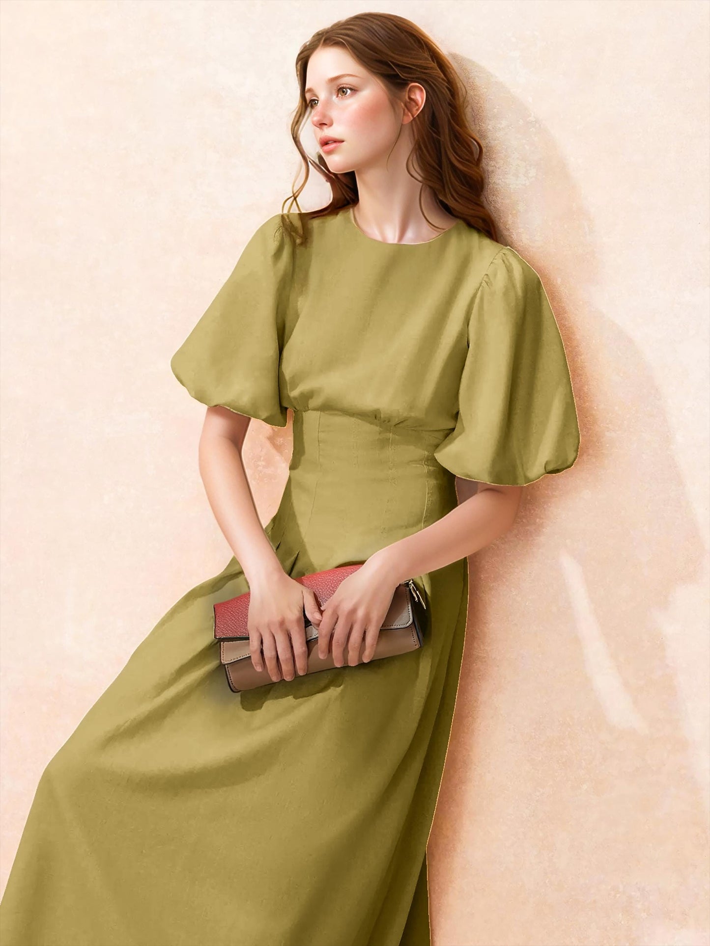 Elegant Olive Elastic Linen Puff Sleeve Maxi Dress – Square Neck, Flowy A-Line, Custom Fit, Summer Boho Chic | SKU.25T15T4A