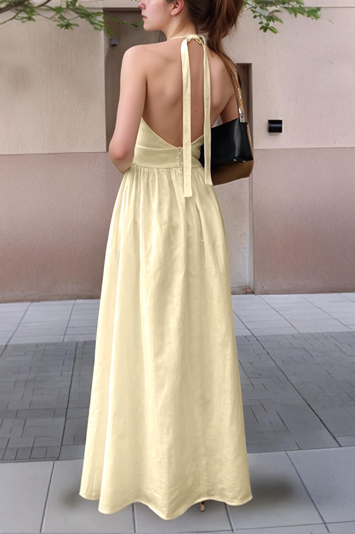 Elegant Halter Neck Maxi Dress - Soft Yellow Linen Summer Dress - Backless Beach Dress for Women | SKU.25T11T8E