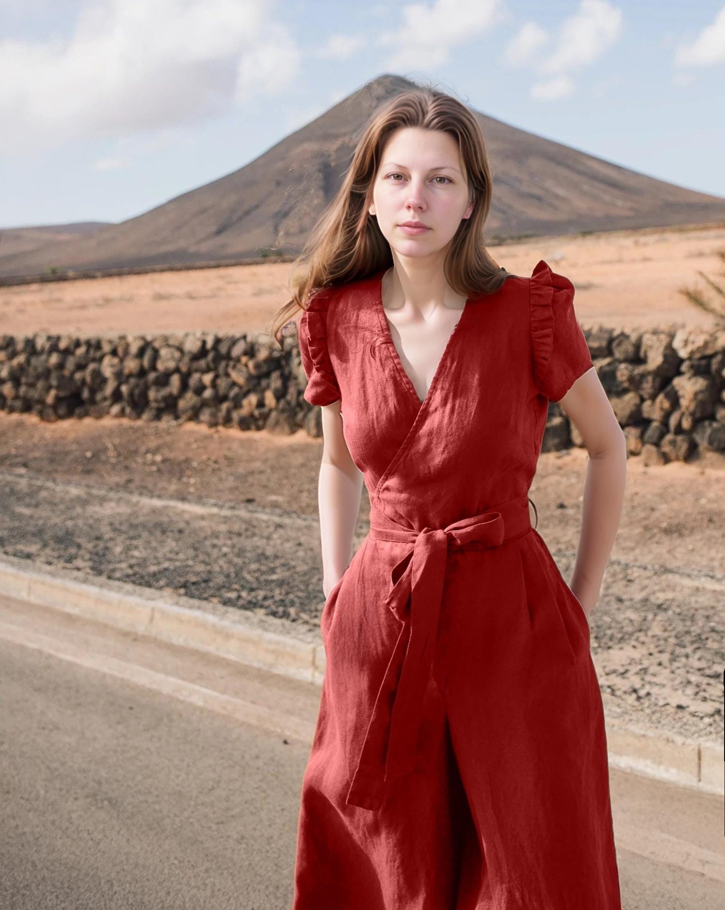 Linen Wrap Jumpsuit with Ruffle Sleeves, Wide Culotte Legs, Maxi Romper, Summer Outfit, Puff Sleeve, Waist Tie | SKU.25T22T3C