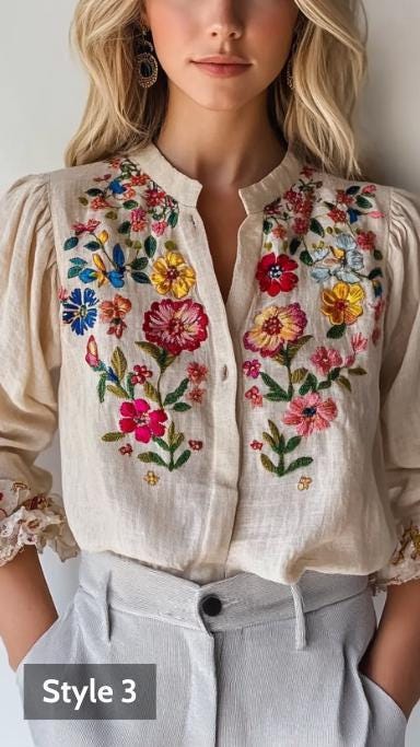 Bohemian Embroidered Linen Blouse, European Folk Floral Top, Beige Ethnic Chic Button-Up Blouse | 241026B