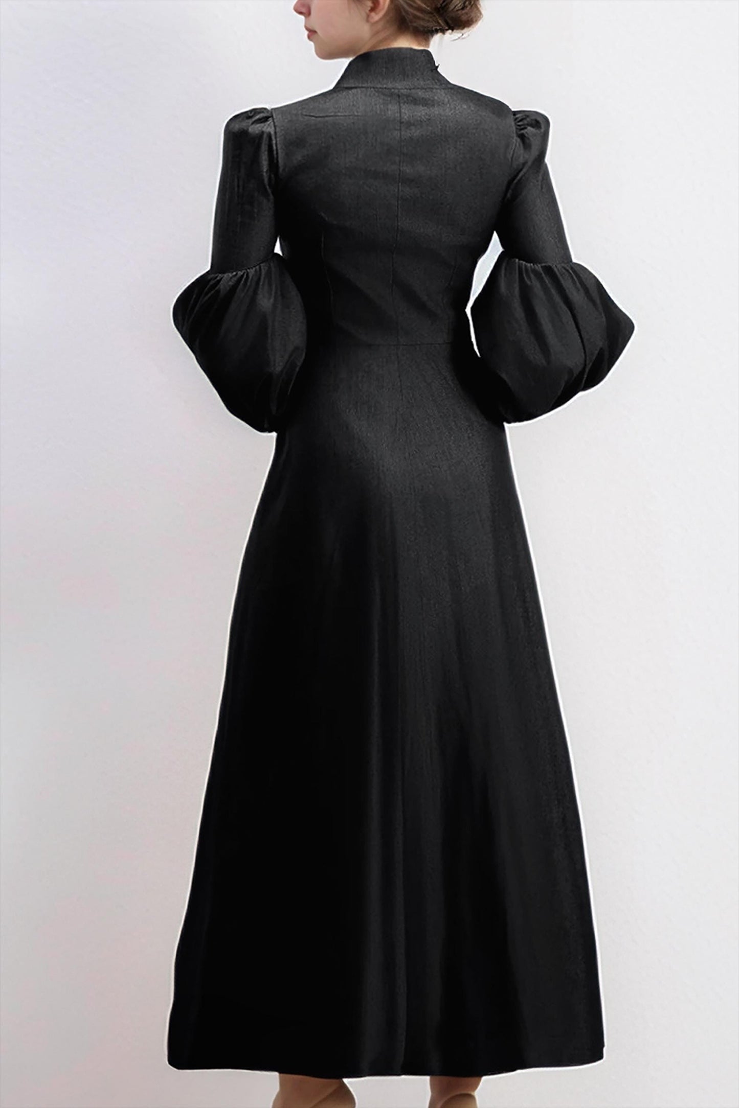 Elegant Black High Collar Maxi Dress with Puff Sleeves, Full Button Down, Elastic Linen — Custom Made | SKU.25T15T4B