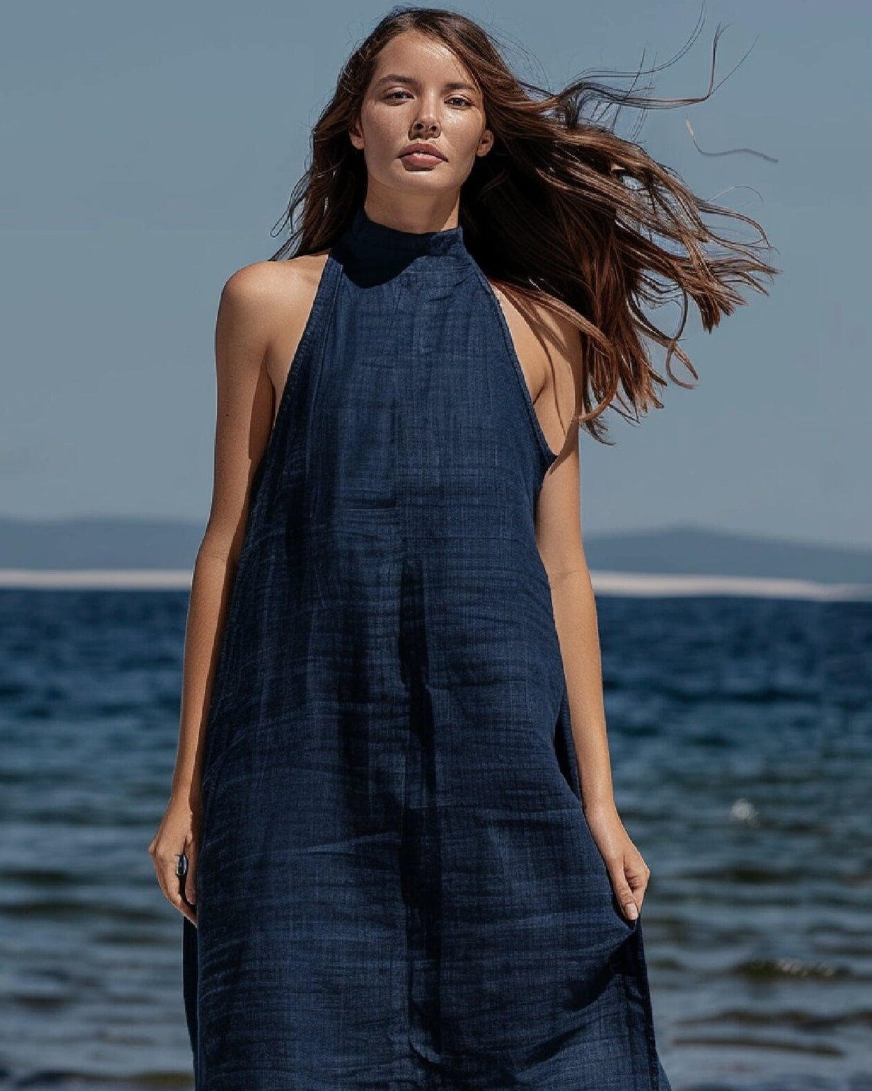 Tailored Navy Blue Linen Maxi Dress for Women | Breathe in Elegance This Summer | Sleeveless Simplicity, Ideal for Personal Touches | SKU014