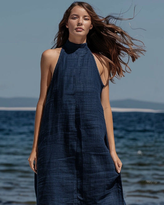 Tailored Navy Blue Linen Maxi Dress for Women | Breathe in Elegance This Summer | Sleeveless Simplicity, Ideal for Personal Touches | SKU014