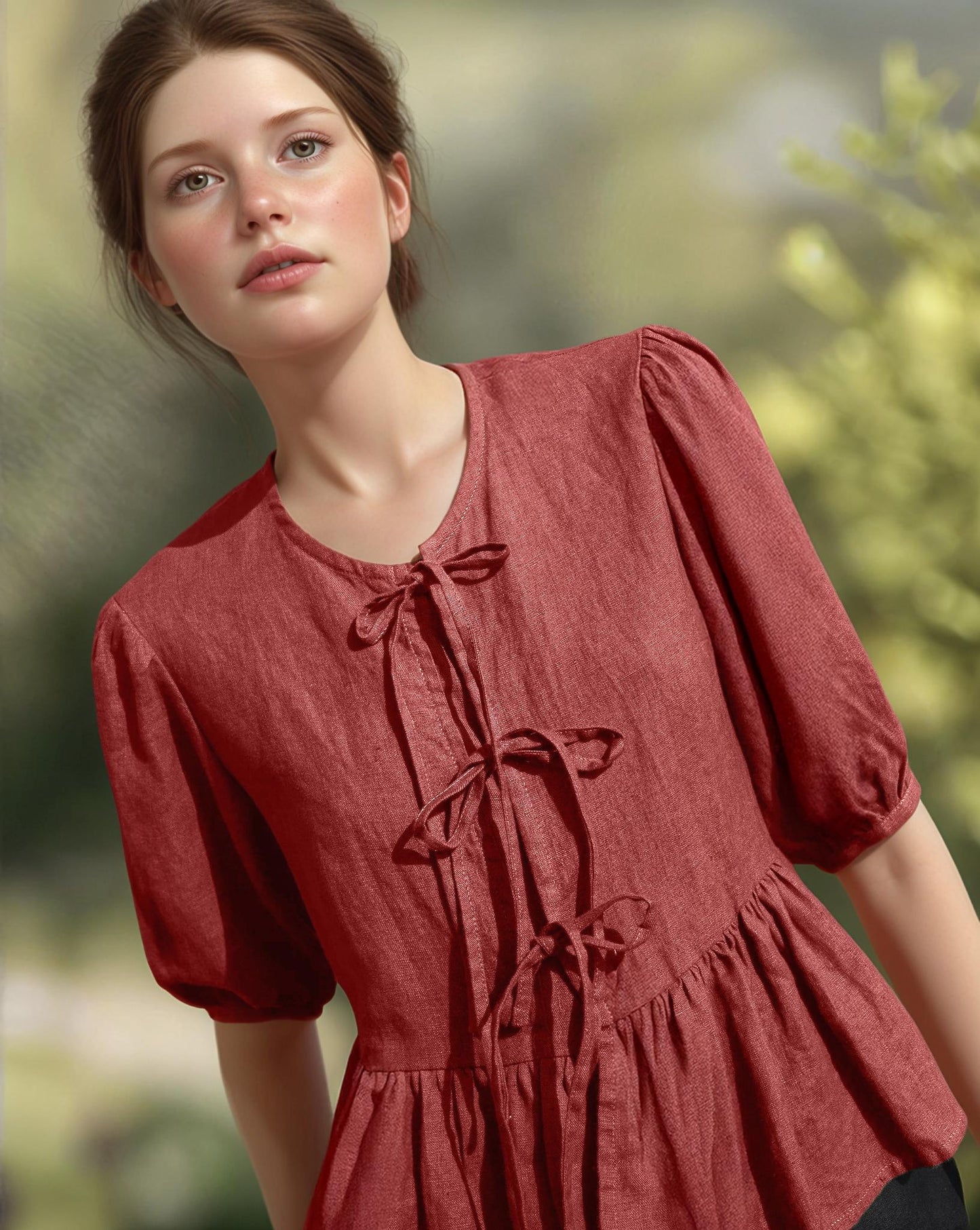 Romantic Linen Peplum Blouse with Bows, Puff Sleeve Vintage Top, Feminine Summer Shirt, Loose Fit, Handmade Linen Blouse | SKU.25T22T3A