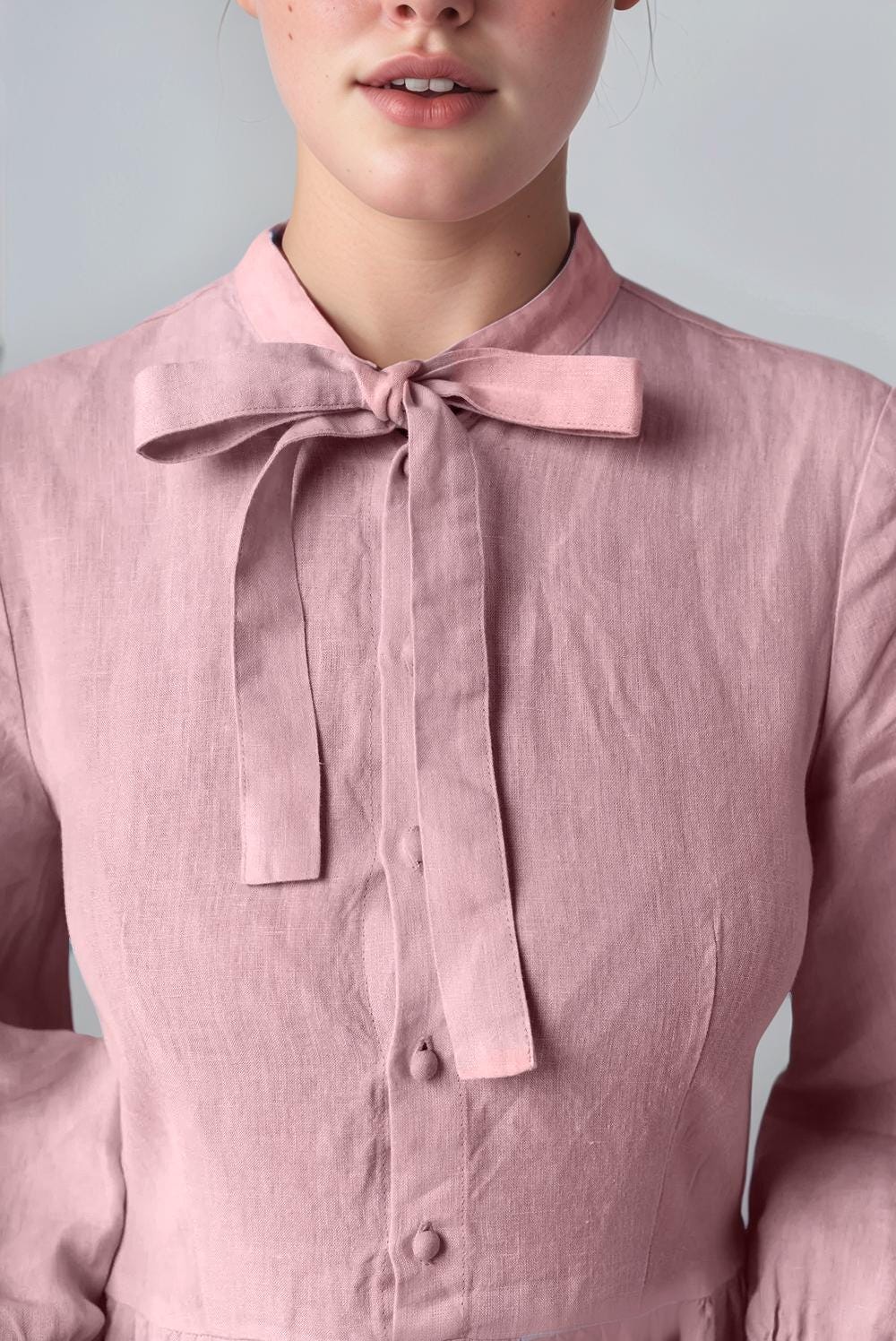 Vintage Blush Pink Linen Dress – Long Sleeve Midi Dress with Bow Tie Neck | SKU.25T11T5A
