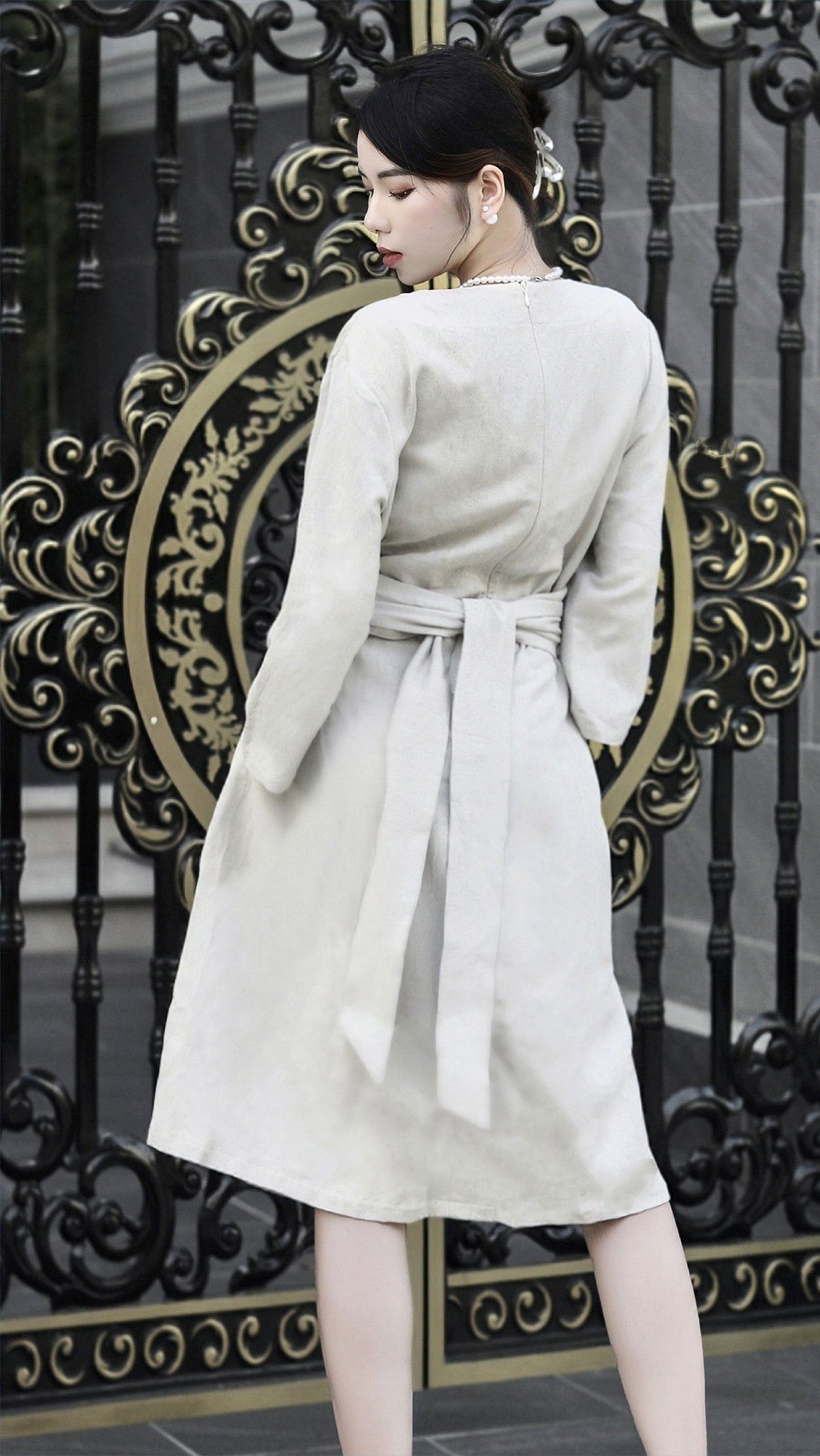 Chic Linen Midi Dress with 3/4 Sleeves, V-neck, and Customizable Features - Elevate Your Style with Personalizable Fashion | SKU.003