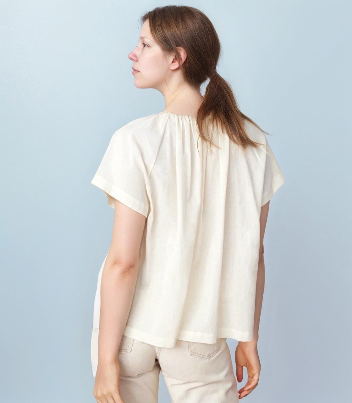 Linen Summer Blouse for Women - Short Sleeve Button Down, Lightweight Loose Fit Shirt, Minimalist Casual Top | SKU.25T22T4K