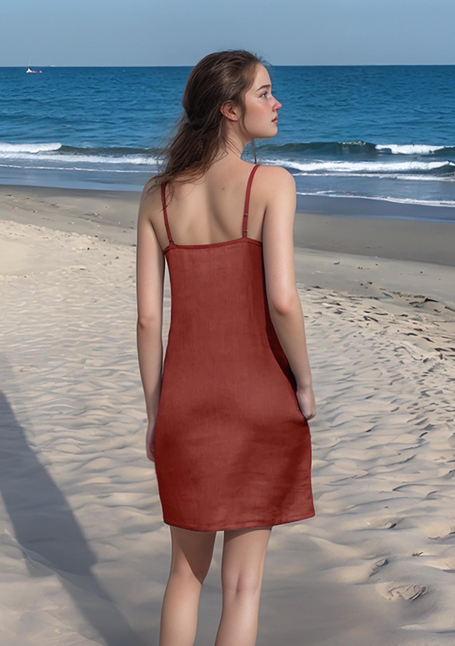 Rust Red Linen Slip Dress – Summer Spaghetti Strap Sundress – Casual Beach Dress for Women | SKU.25T11T4D