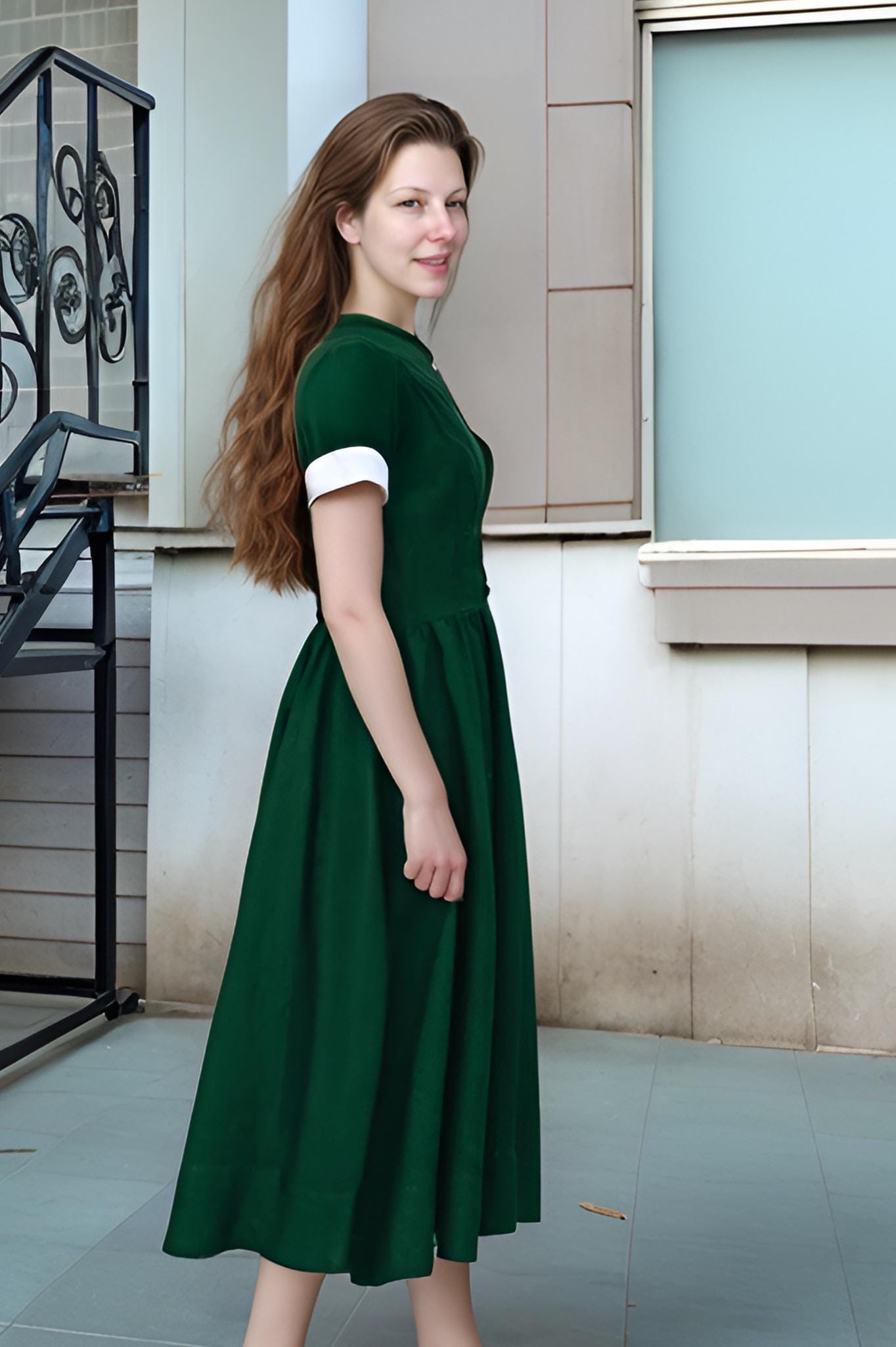 Vintage-Inspired Green Linen Dress – Peter Pan Collar, Short Sleeve Midi Dress with Pockets | SKU.25T10T2B