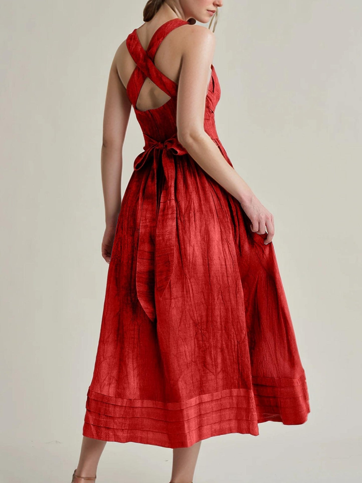 Custom Red Midi Dress, Vintage Style Sleeveless Summer Dress, Elegant Back Bow Dress, Retro Party Outfit | SKU.25T14T6E